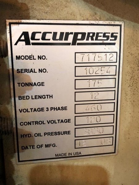 1 - PREOWNED ACCURPRESS ADVANTAGE CNC 12' X 175 TON PRESS BRAKE, MODEL #: 717512, S/N: 10254, YEAR: 2008