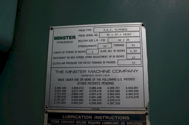 75 TON MINSTER DIE NAMIC BACK GEARED OBI PRESS: STOCK #76283