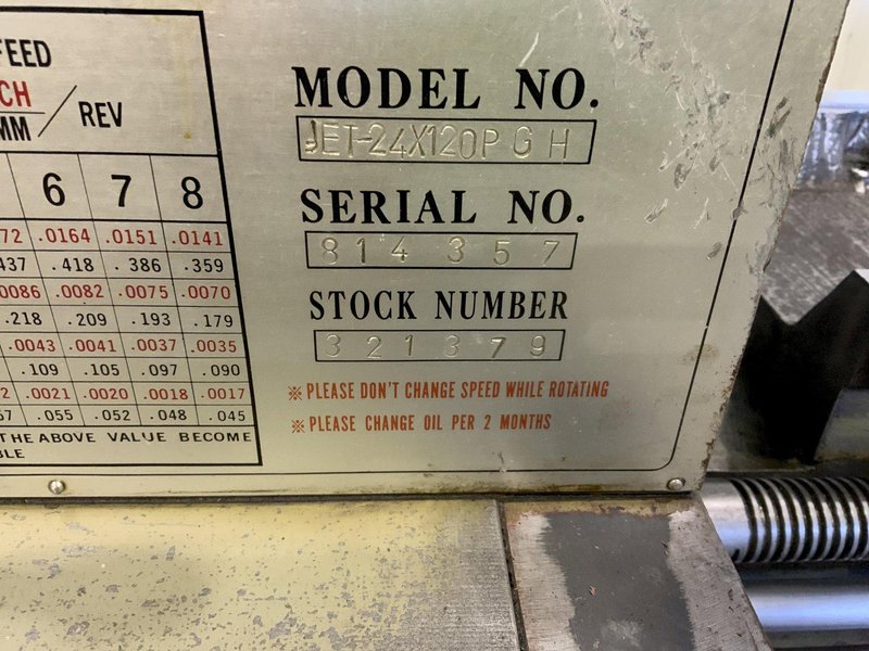 24" X 120" JET MODEL 24X120PGH, GAP BED ENGINE LATHE: STOCK #81559