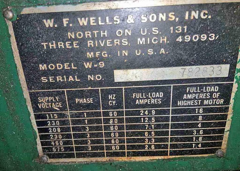 9" x 18"  W.F. Wells Band, Horizontal Band Saw STOCK # 3748
