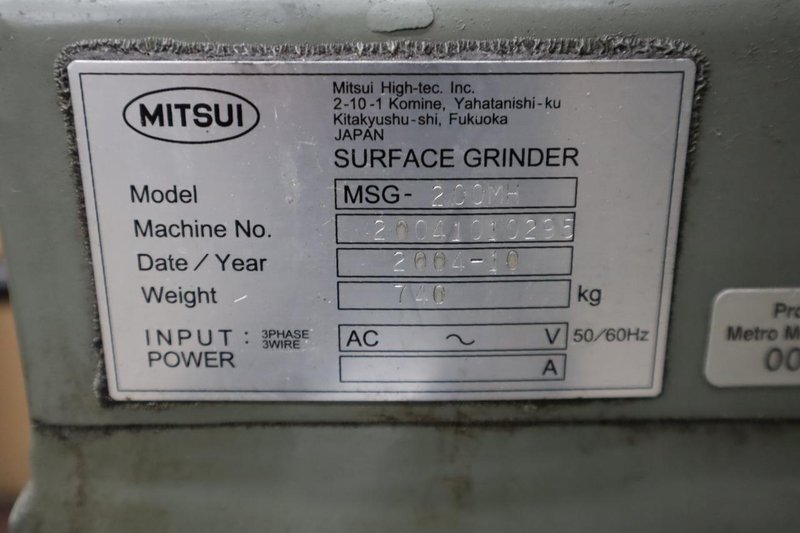 Mitsui High Tec MSG-200MH 6" x 12" Hand Feed Surface Grinder, Variable Spindle Speed, EM Chuck, Sony 2-Axis DRO, Vac-U-Guard, Coolant- Auction Item