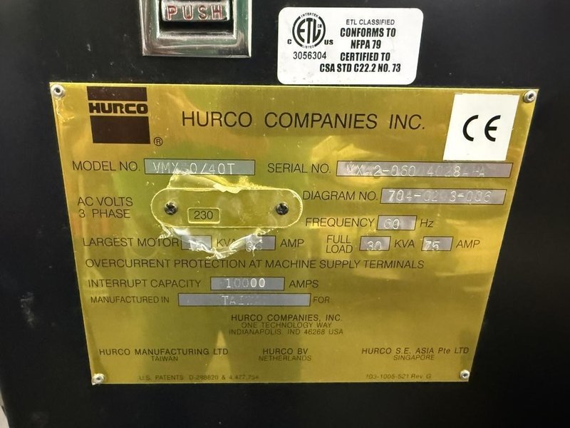 Hurco VMX60/40T CNC Vertical Machining Center, 8K Spindle, 24 SMTC, Coolant Pump and Tank- Auction Item