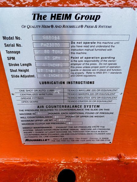 80 TON ROUSSELLE 8B8014 GAP FRAME STRAIGHT SIDE PRESS# 3078