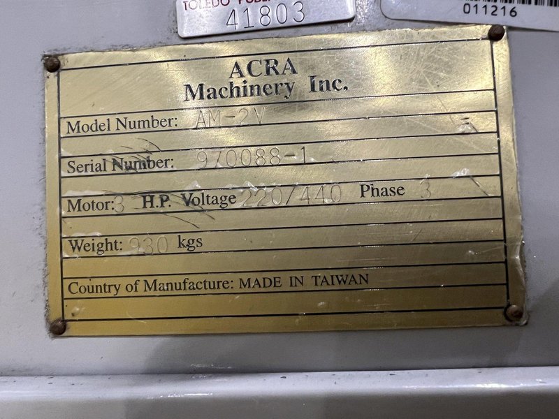 3 HP ACRA MODEL #AM-2V VERTICAL RAM TYPE KNEE MILL: STOCK #18823