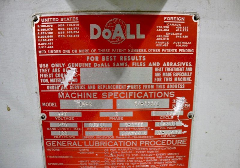 DOALL CONTOUR-MATIC 16 VERTICAL BANDSAW. STOCK # 1087326