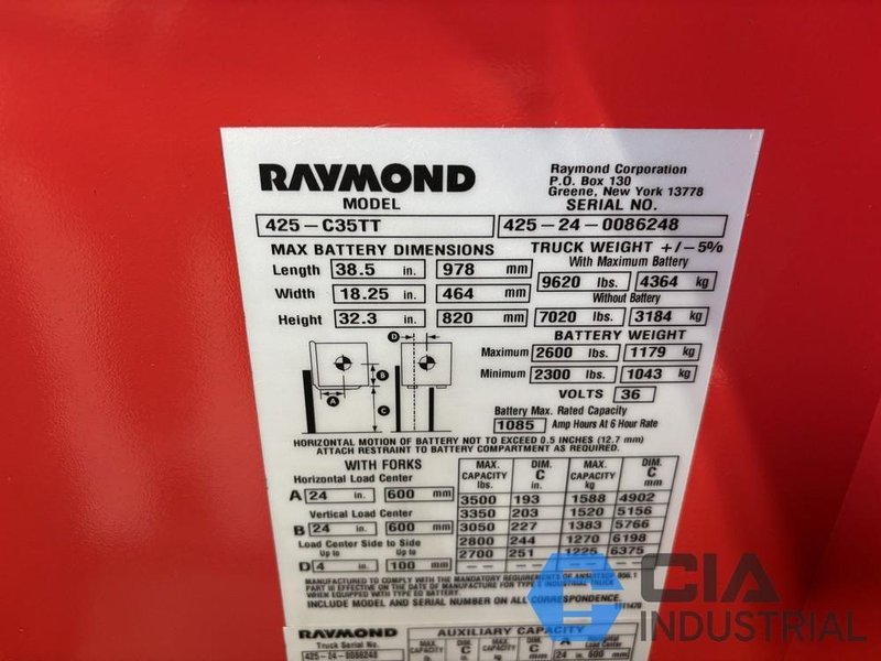 2024 - 3,500 LB. RAYMOND MODEL 425-C35TT STAND-UP ELECTRIC FORKLIFT
