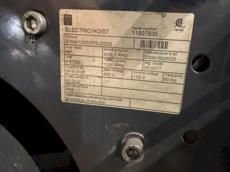 2017 R and M 4 ton Spacesaver electric hoist model sx50410050p76jddos s/n 200816926/20 rated at 40/6.5 fpm,100 fpm trolley, 29' 6" lift, 460 volt, class h4