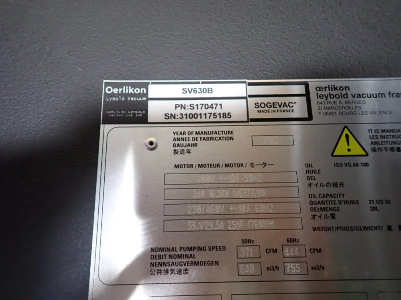 Oerlikon Leybold 25 Hp Vacuum Pump - Sv630b