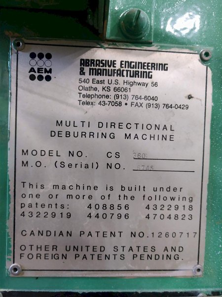 36" AEM MODEL CS360 SINGLE HEAD MULTI-DIRECTIONAL BELT GRINDER DEBURRING FINISHER: STOCK 11089
