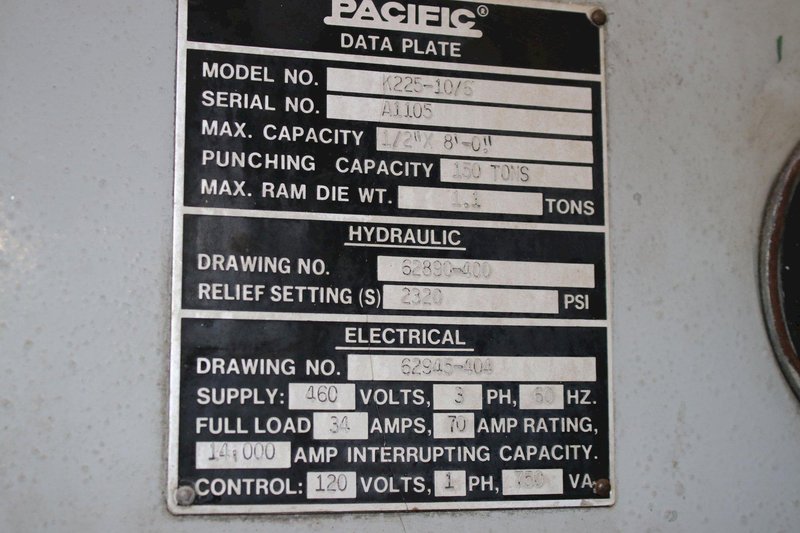 225 TON X 10' PACIFIC HYDRAULIC PRESS BRAKE: STOCK #76324
