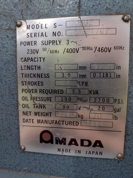 8' X 11 GAUGE AMADA MODEL #S-2532 HYDRAULIC POWER SHEAR WITH BACK GAUGE: STOCK #23421