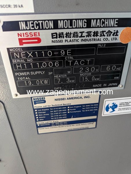 Nissei Used NEX110-9E Electric Injection Molding Machine, 121 US Ton, 3 oz., Yr. 2007