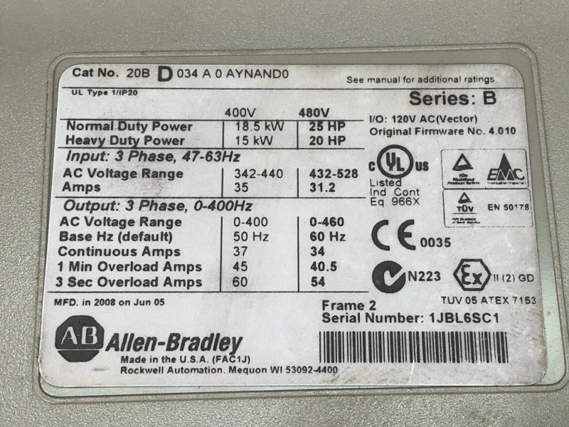 Allen-bradley 25hp Powerflex 700 Servo Drive - 20bd034a0aynand0