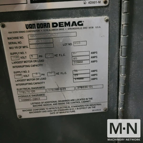 400 TON 59 OZ VAN DORN MODEL 400HT-2800 INJECTION MOLDING MACHINE MFG 1999