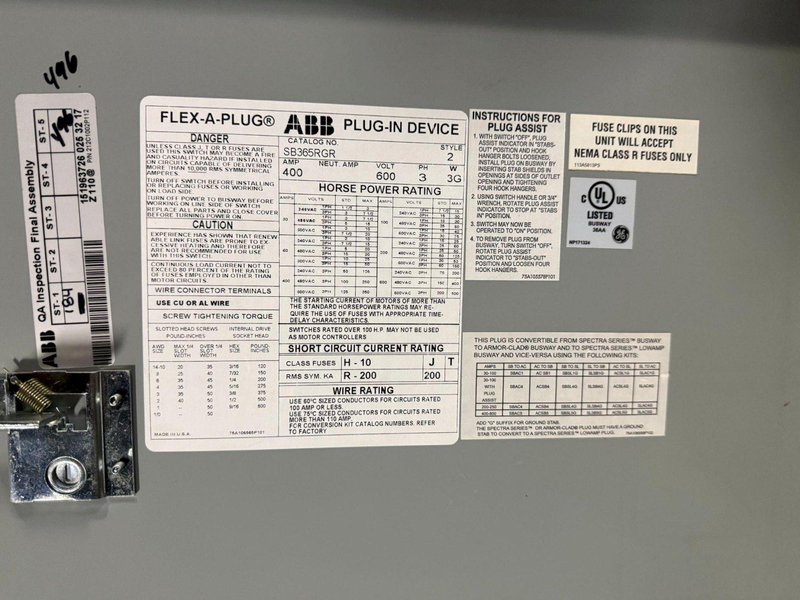 ABB 400A FLEX-A-PLUG SB365RGR Fusible Bus Plug 600V, 3PH NEW