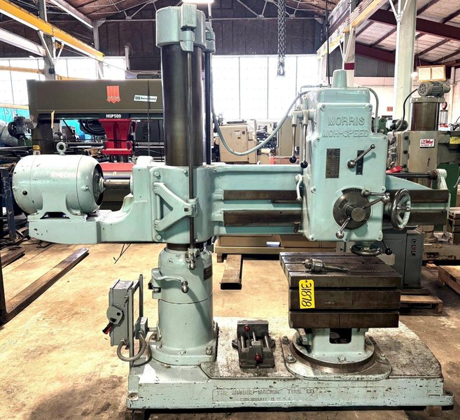 4' x 9" Morris Radial Drill, 4 MT, 5 HP, Box Tbl., Nice, Low Price