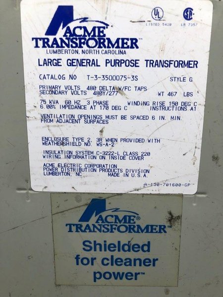 75 KVA ACME 480D TO 480Y/277 VOLT ELECTRICAL TRANSFORMER: STOCK #10847