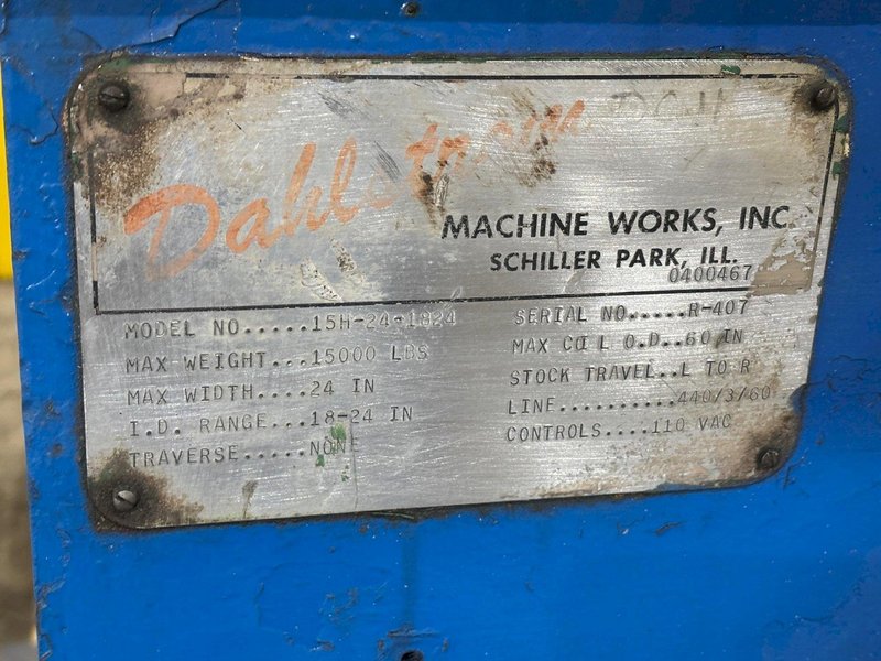 15,000 LBS X 24" DAHLSTROM MODEL #15H-24-1824 MOTORIZED UNCOILER COIL REEL: YOBRO #24234