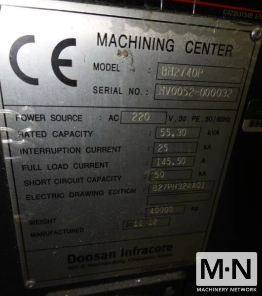 Doosan BM 2740P High Speed CNC Bridge Mill, 2011