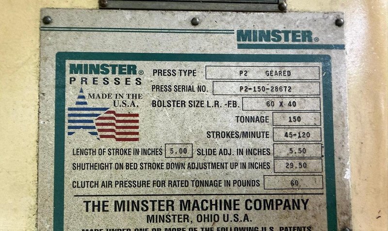 150-ton Minster "Piece-Maker" Back Geared Straight Side Press Model P2-150-60 For Sale, Year 1996 -  Includes Coil Feed Line