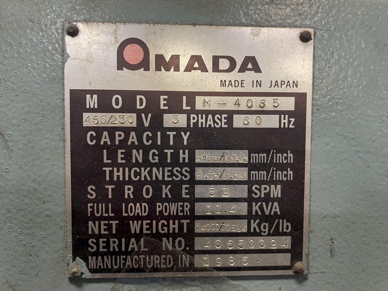 13' x 1/4" AMADA MODEL #M-4065 MECHANICAL POWER SQUARING SHEAR, FRONT GUAGING, CONVEYOR &amp; STACKER: STOCK #19272