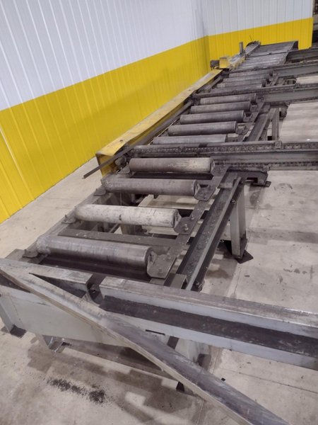 30' LONG POWERED ROLLER CONVEYOR W/ BEAM TRANSFER ARMS: STOCK #20756