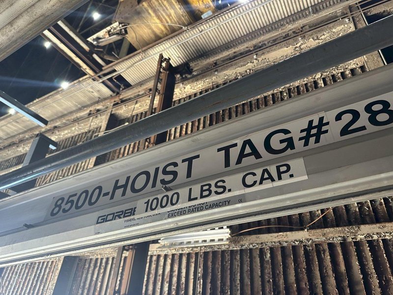 1000 LBS X 13' x 36' GORBEL OVERHEAD CRANE SYSTEM, WITH RUNWAY RAILS &amp; PNEUMATIC BUDGET HOIST: STOCK #19685