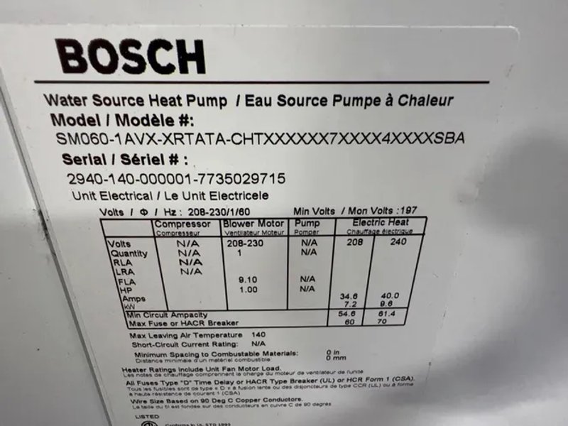 Bosch Water Source Heat Pump - Sm060-1avx-xrtata-chtx