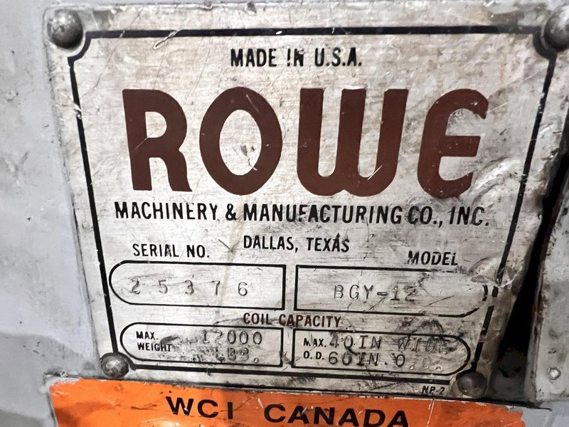 40" X 12,000 LBS X .110" ROWE COIL REEL, CAR, &amp; STRAIGHTENER FEED LINE: STOCK #21627