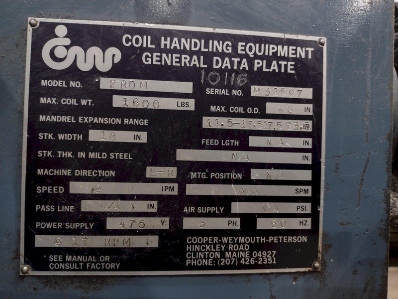 1,600 X 18" CWP MODEL #2RDM MOTORIZED DOUBLE END COIL REEL UNCOILER: YOBRO #24498