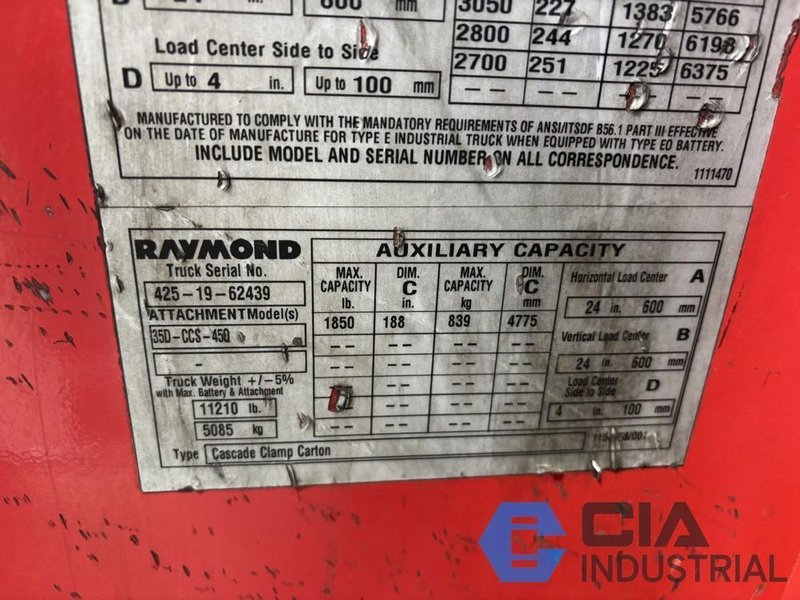 2019 - 3,500 LB. RAYMOND MODEL 425-C35TT STAND-UP ELECTRIC FORKLIFT