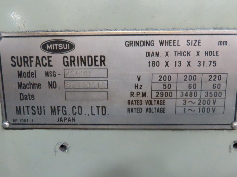 Mitsui Seiki MSG-200MH Hand Feed Surface Grinder, 6"x12" Chuck, Coolant (Located at Cullinan Rigging in Ramsey, MN)- Auction Item