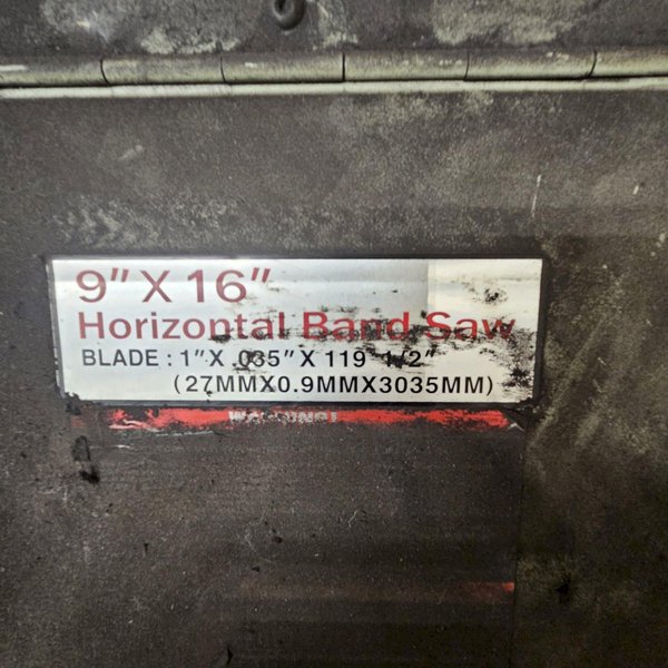 9" X 16" BAILEGH BS-916M HORIZONTAL BANDSAW. STOCK # 0560825.