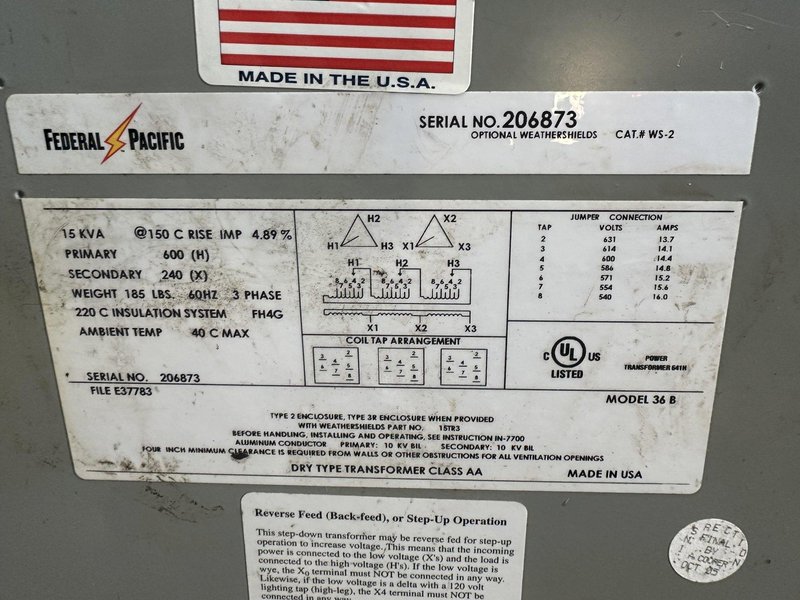 15 KVA FEDERAL PACIFIC 600 <-> 240 VOLT ELECTRICAL TRANSFORMER: YOBRO #23987