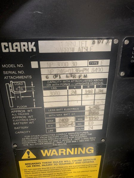 Clark Used Electric Fork Lift Model NP3000D-30, 3000 lbs., Charger Included