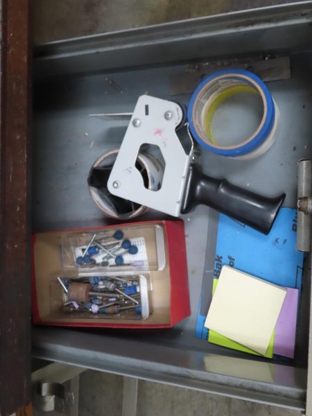 Metal Work Desk with Drawers w Sliding Door and Contents w Light- Auction Item