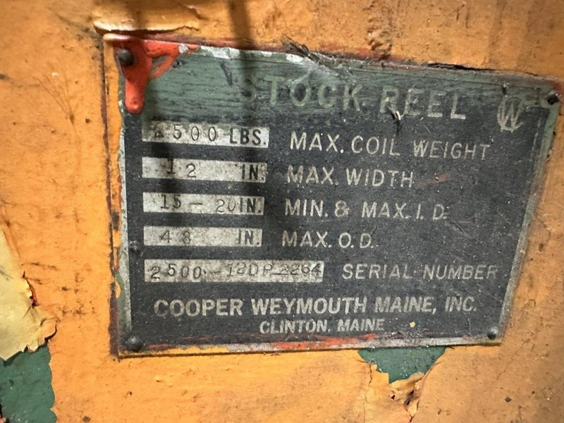 2500 LBS X 24" COOPER WEYMOUTH DOUBLE END PULL-OFF COIL REEL UNCOILER: STOCK #22620