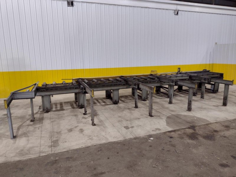 30' LONG POWERED ROLLER CONVEYOR W/ BEAM TRANSFER ARMS: STOCK #20756