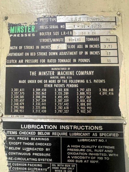 75 ton Minster #7SS Flywheel Mechanical Metal Stamping O.B.I. Press, Mechanically Rebuilt