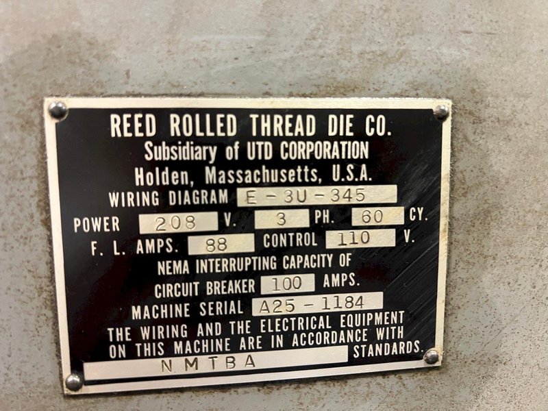 Reed Model A25 3 Die Cylindrical Die Thrufeed Thread Rolling Machine