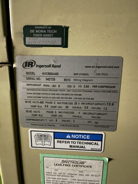 Ingersol rand model MVC800A400 800cfm refrigerated air dryer  s/n 542135
