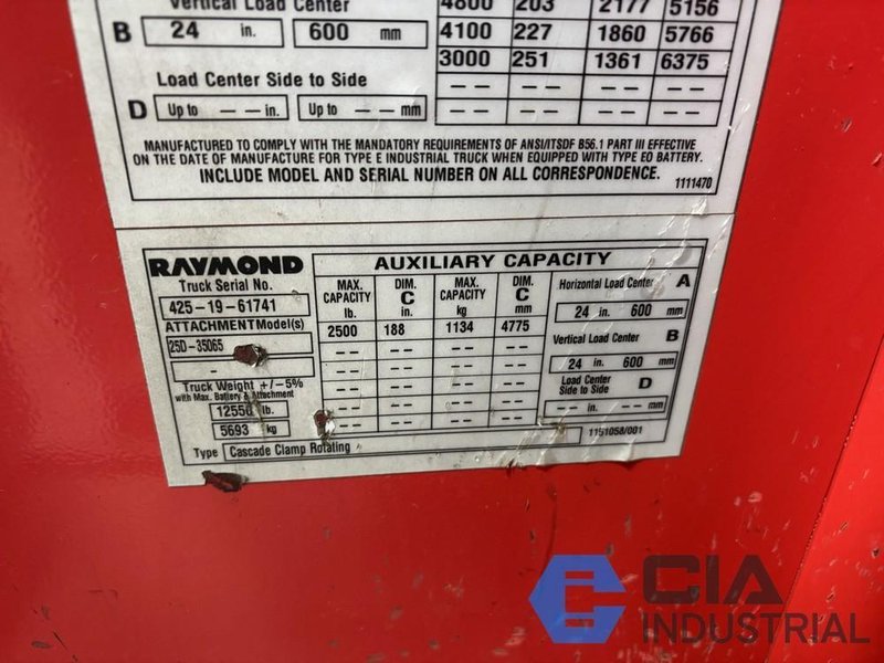 2019 - 5,000 LB. RAYMOND MODEL 425-C50TT STAND-UP ELECTRIC FORKLIFT