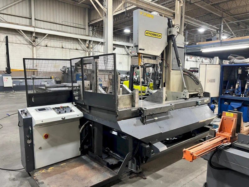 USED HYD-MECH 30" X 25" FULLY AUTOMATIC VERTICAL TILT FRAME BANDSAW MODEL V-25APC-120 WITH 62' OF POWERED CONVEYOR, Year: 2014