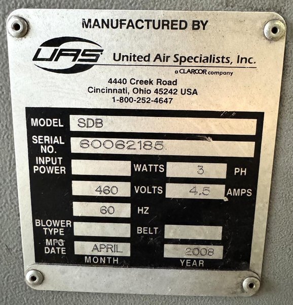 United Air Specialist Downdraft Bench SDB, 2500 CFM, 55" x 80" Work Surface, 3 HP