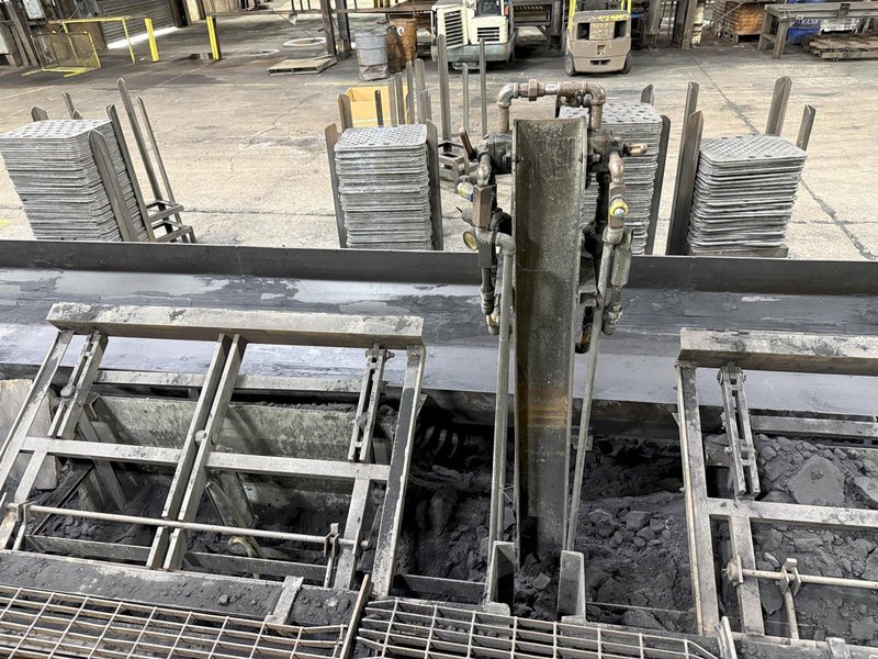 8- air operated pallet line approx. 80' long with air dump and air lifts, 20" x 60" trays, price is for all