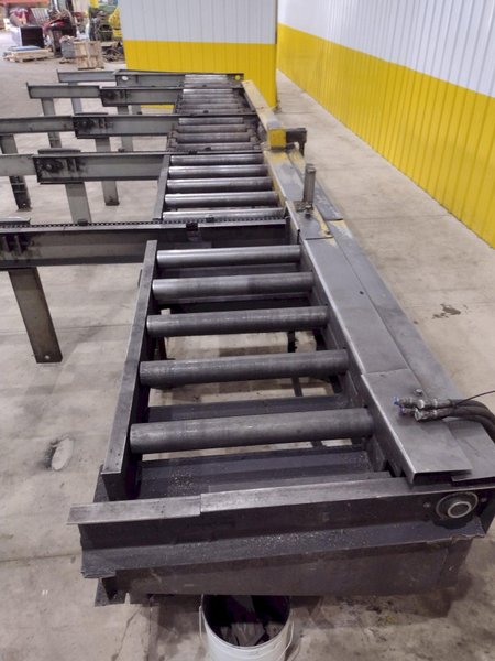 30' LONG POWERED ROLLER CONVEYOR W/ BEAM TRANSFER ARMS: STOCK #20756