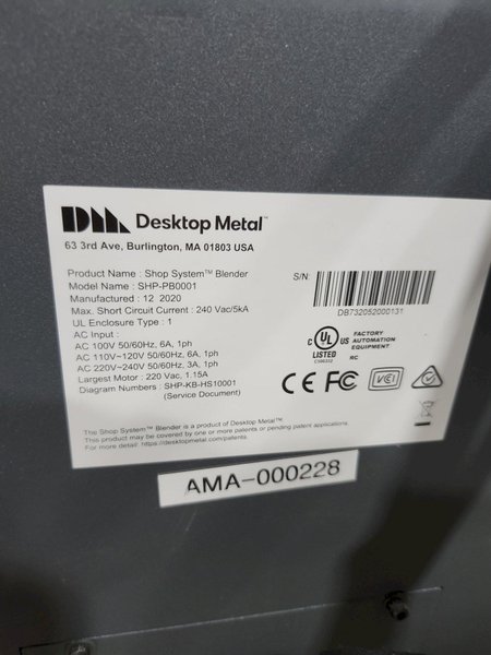2021 Desktop Metal SHP-PP0009 3D Metal Printer - 12L Capacity, Binder Jetting Technology, Oven, Accesories