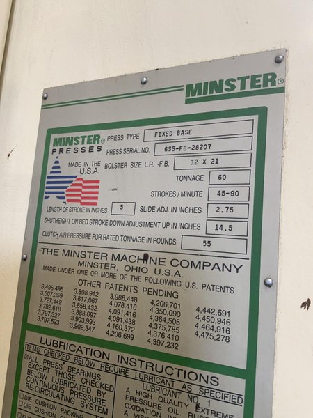 60 TON MINSTER MODEL 6 SS FIXED BASE GAP FRAME PRESS: STOCK #81620