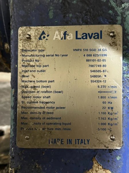 Alfa Laval 1996 Alfa Laval Vnpx 510 Sgd 34 Gs Disc Centrifuge - Vnpx 510 Sgd 34 Gs