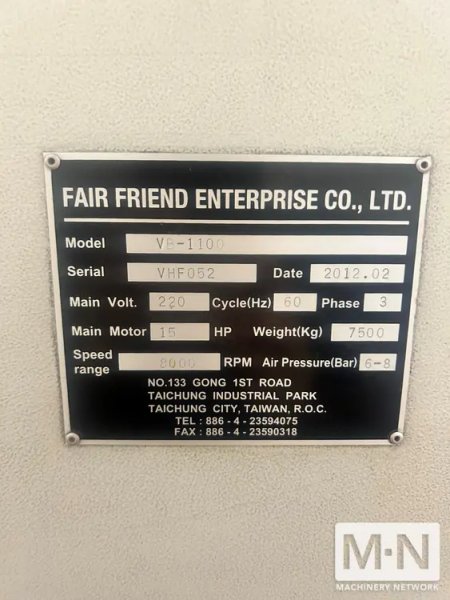 Feeler VC-1100 CNC Vertical Machining Center, 2012